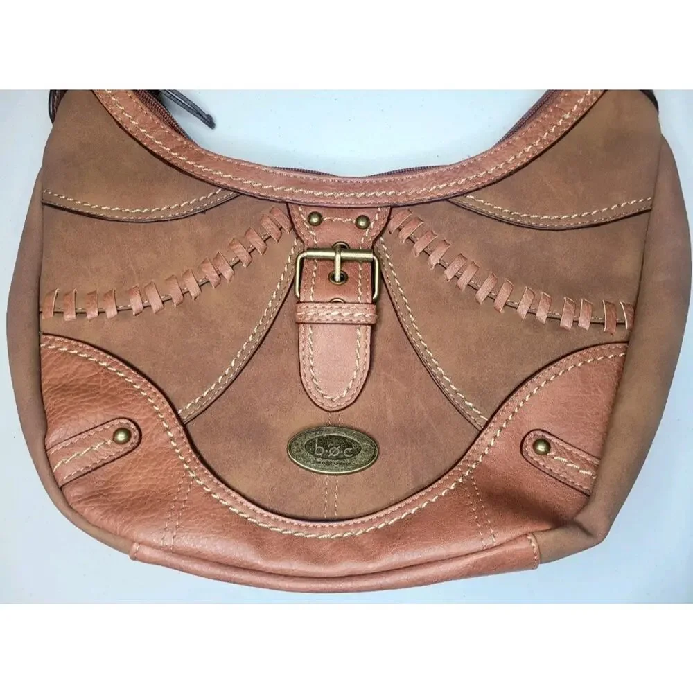 B.O.C Born Concept Shoulder Purse Bag Brown Vinyl Leather Dual Zips Stitches